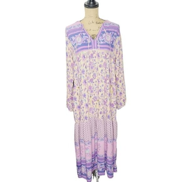 Purple Bohemian Gypsy Long Sleeve Flowy Maxi Dress - Picture 1 of 11